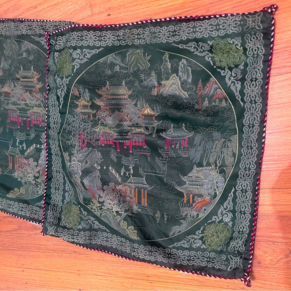 Two vintage green brocade silk Chinese pillowcovers